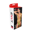 Envy Menswear Slingshot Bodysuit Medium/Large Green packaging with model showcasing the bold design.