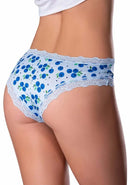 Woman wearing Sweet Treats Blueberry Boy Short S/M with lace trim from Exposed Lingerie, showcasing cheeky design and smooth fit.