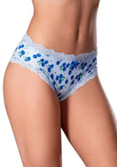 Sweet Treats Blueberry Boy Short S/M with lace trim in blue and white print by Exposed Lingerie.