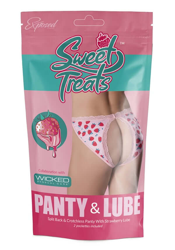 Sweet Treats Split Back & Crotchless Panty with Strawberry Print and Edible Lube Packaging by Magic Silk