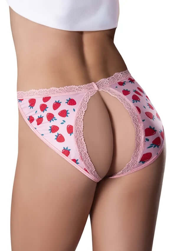 Split back strawberry print crotchless panty L/XL with edible lube; features delicate lace trim for a seductive look from Magic Silk's Sweet Treats Collection.