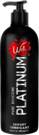 Wet Platinum Luxury Silicone Lubricant 16 Oz in a black bottle with pump, ideal for smooth and long-lasting intimate experiences.