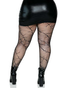 Leg Avenue Cracked Fishnet Tights 1X/2X Black showcased with a black skirt and boots, featuring intricate crack patterns.
