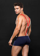 Envy Fireman Costume Bottom With Suspenders L/XL Navy Red model showcasing playful firefighter style in navy and red.