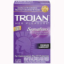 Trojan Her Pleasure Sensations Condoms 12 Pack with premium lubricant, designed for enhanced pleasure and protection.