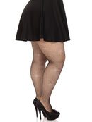 Leg Avenue Colby Rhinestone Fishnet Tights 1X/2X Black showcased with a black skirt and high heels, highlighting the rhinestone detail.