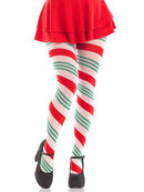 Leg Avenue Lane Holiday Ribbon Striped Tights Green and Red featuring bold candy cane stripes in green and red.