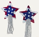 USA Sparkling Stars & Stripes Tassel Star Pasties with red, white, and blue rhinestones and silver tassels.