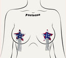 USA Sparkling Stars & Stripes Tassel Star Pasties on a model, showcasing festive red, white, and blue design for celebrations.