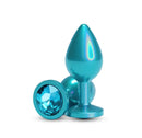 Rear Assets Chrome Anal Plug Medium Teal featuring a lightweight iridescent aluminum body and a jeweled base.