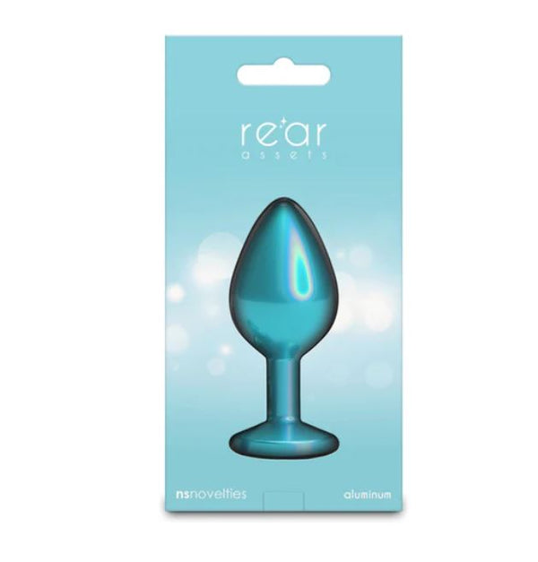 Rear Assets Chrome Anal Plug Medium Teal packaging featuring a luxurious aluminum design and vibrant teal color.