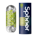Tenga Spinner Shell Masturbator packaging and product showcasing its innovative spiral design for enhanced pleasure.