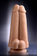 Tom Of Finland Dual Dicks 9.25 inches Dildo displayed against a dark background showcasing its realistic design.