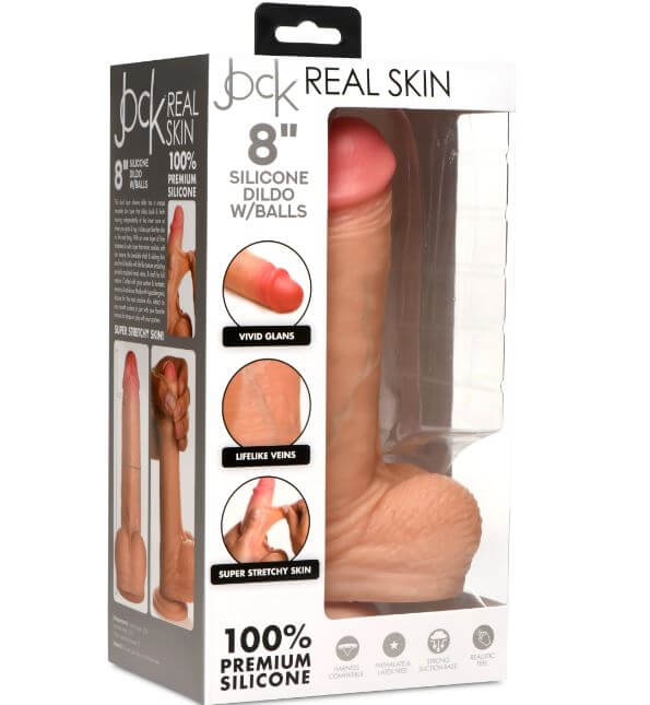JOCK Real Skin 8” Dual Density Silicone Dildo with Balls – Realistic Feel & Strong Suction Base