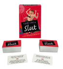 Think Like A Slut Party Game box and cards, featuring funny and naughty question prompts for adult fun.
