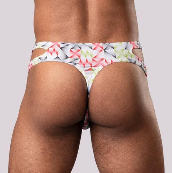 colorful geometric cutout thong with laser-cut sides modeled from the back