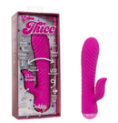 Extra Thicc Chubby Gyrating Rechargeable Silicone Tickler Pink in packaging with details of its features.