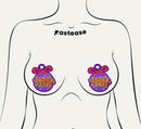 Tinsel Tits Holiday Ornament on Disco Glitter Purple Breast Pasties displayed on a model's chest.