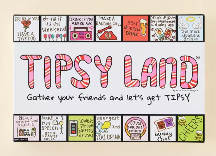Tipsyland Drinking Game box featuring colorful instructions and prompts for an entertaining party experience.