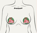 Tits the Season Holiday Green Wreath on Glittery Velvet Pasties worn on skin, perfect for festive celebrations.