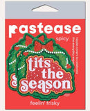 Tits the Season Holiday Green Wreath on Glittery Velvet Pasties packaging design with festive elements.