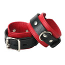 Strict Leather Deluxe Black and Red Locking Wrist Cuffs featuring bold red and black leather design.