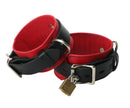 Strict Leather Deluxe Black and Red Locking Wrist Cuffs featuring bold red leather and black stitching for secure restraint.