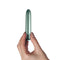 Hand holding Touch of Velvet Peacock Petals Bullet Vibrator from Rocks Off Toys, 3.54-inch compact and silky-smooth vibrator for precision stimulation