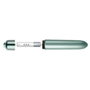 Touch of Velvet Peacock Petals Bullet Vibrator with battery compartment open, showing AAA battery placement, silky-smooth green design