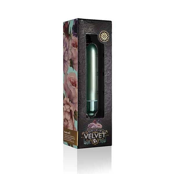 Touch of Velvet Peacock Petals Bullet Vibrator in elegant floral packaging, 3.54-inch with 10 functions for precision stimulation.