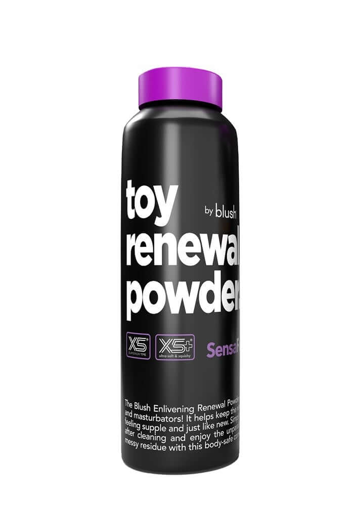 Blush Toy Renewal Powder 3.4 oz bottle for maintaining softness and freshness of TPE and TPR materials, in black and purple packaging