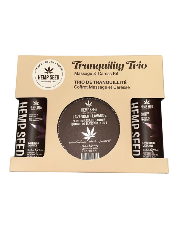 Earthly Body Hemp Seed Massage in a Box Gift Set Lavender - Tranquility Trio Massage and Caress Kit