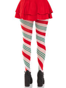 Leg Avenue Lane Holiday Ribbon Striped Tights Green and Red worn with a festive red skirt, showcasing candy-cane stripes.