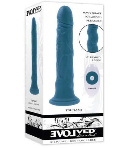 Evolved Tsunami realistic vibrator with wavy shaft, remote control, and textured head in original packaging.