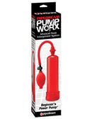 Pump Worx Beginners Power Penis Pump Red packaging with vacuum pump and hand-operated controls.