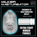 LoveBotz Milker Masturbator Accessory Clear Stroker Sleeve showing ribbed tunnel and chamber for vibrating bullet.