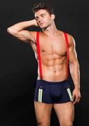 Envy Fireman Costume Bottom With Suspenders L/XL Navy Red worn by a model showcasing the bold and playful design.