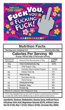 Fuck You You Fucking Fuck Candy 100 Pc Display featuring nutrition facts and colorful packaging.