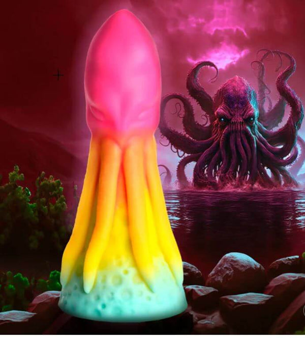 Fantasy rainbow squid-shaped silicone dildo with suction cup base, inspired by Kraken lore, set against a mystical Kraken-themed background.