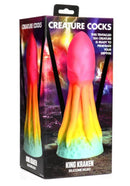 Creature Cocks King Kraken Silicone Dildo in packaging with rainbow squid design and suction cup base
