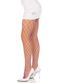 Leg Avenue Spandex Diamond Net Tights One Size Purple displayed on legs with white skirt and heels.