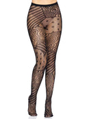 Leg Avenue Doll Net Tights One Size Black featuring a playful fishnet design with swirls, stripes, and dots.