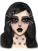 Leg Avenue Spider Web Face Jewels Sticker displayed on a model with gothic makeup and spider web designs.