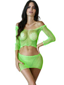 Seduce Sleeve Top & Skirt Set in Lime Green, featuring a stylish fishnet design for daring lingerie looks.