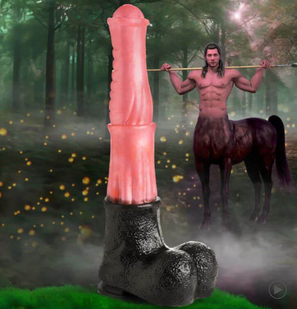 Giant Centaur XL silicone dildo with ribbed design in fantasy forest with centaur background