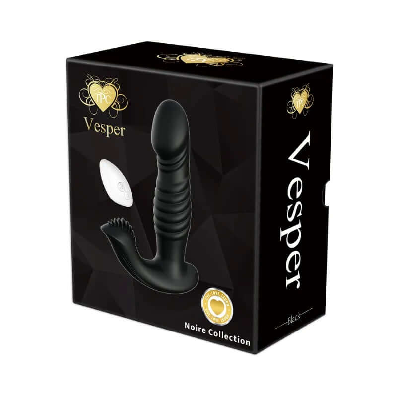 Vesper Multi-Function Vibe in black packaging, featuring remote control and elegant ergonomic design.