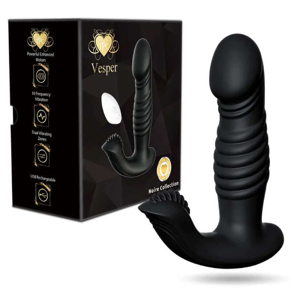 Vesper Multi-Function Vibe in Black with remote, showcasing ergonomic design and powerful enhanced motors for pleasure.