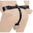 Strict Leather Wrist to Cock Locking Restraint Black viewed from behind, featuring adjustable leather straps.