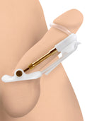 Size Matters Penile Aide Penis Extender White on a model, showing its compact design and traction mechanism.