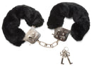 Frisky Caught in Candy Faux Fur Handcuffs Black with plush lining and silver metal accents, perfect for restraint play.